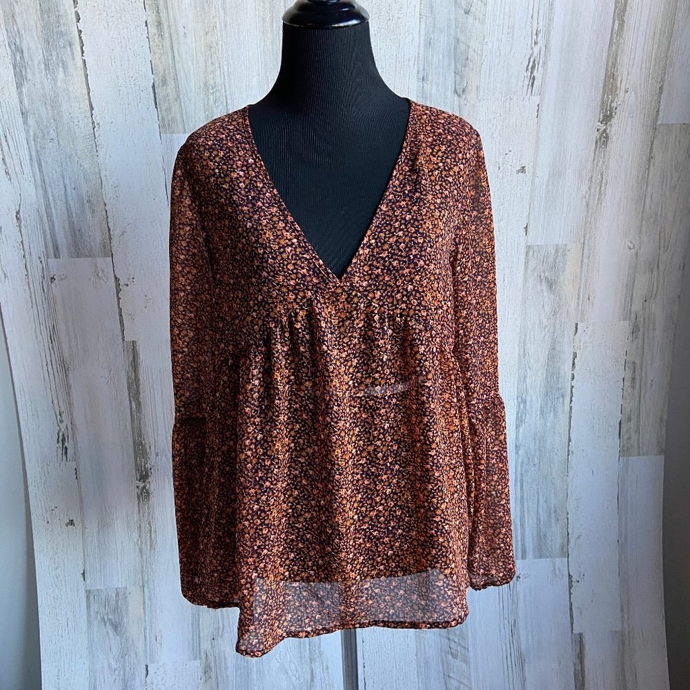 Mossimo Size Medium Sheer Chiffon Print Blouse Tie Back Long Sleeve Top